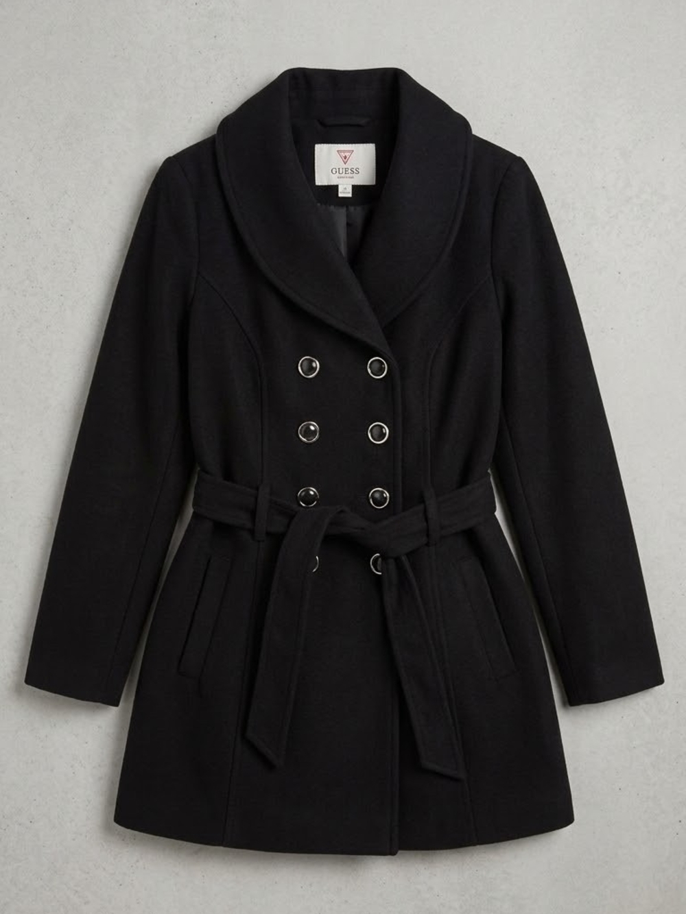 GUESS Black Double-Breasted Wool-Blend Peacoat with Belt Pre-Owned